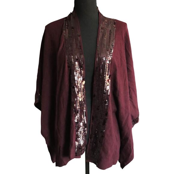 Chicos Plum Purple Sequin Kimono Cardigan Cape Shrug Poncho Large XL - Picture 2 of 8